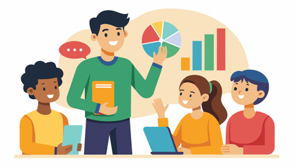 Illustrated group of coworkers working on graphs