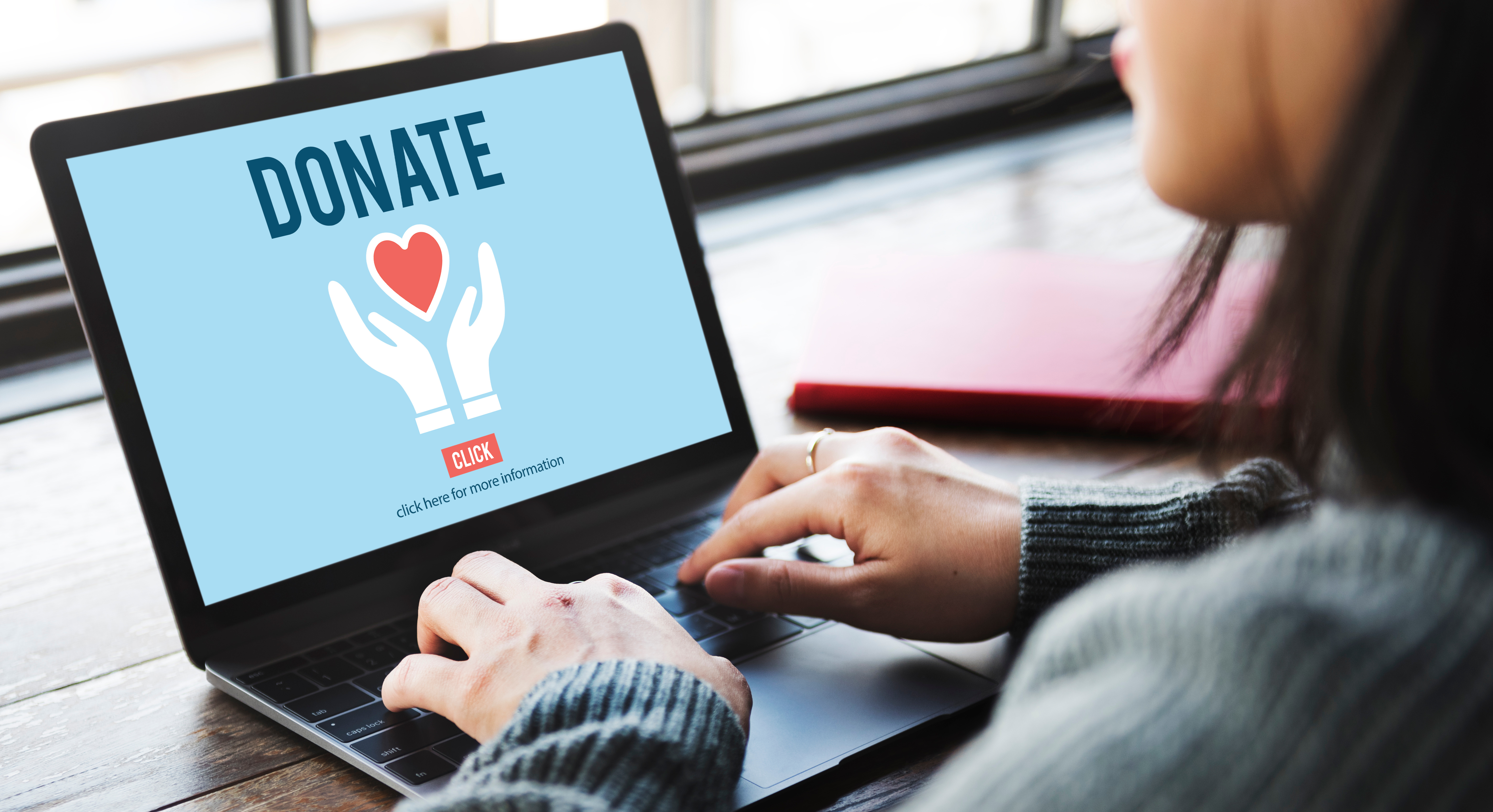 Woman on laptop looking at donation webpage Woman on laptop looking at donation webpage