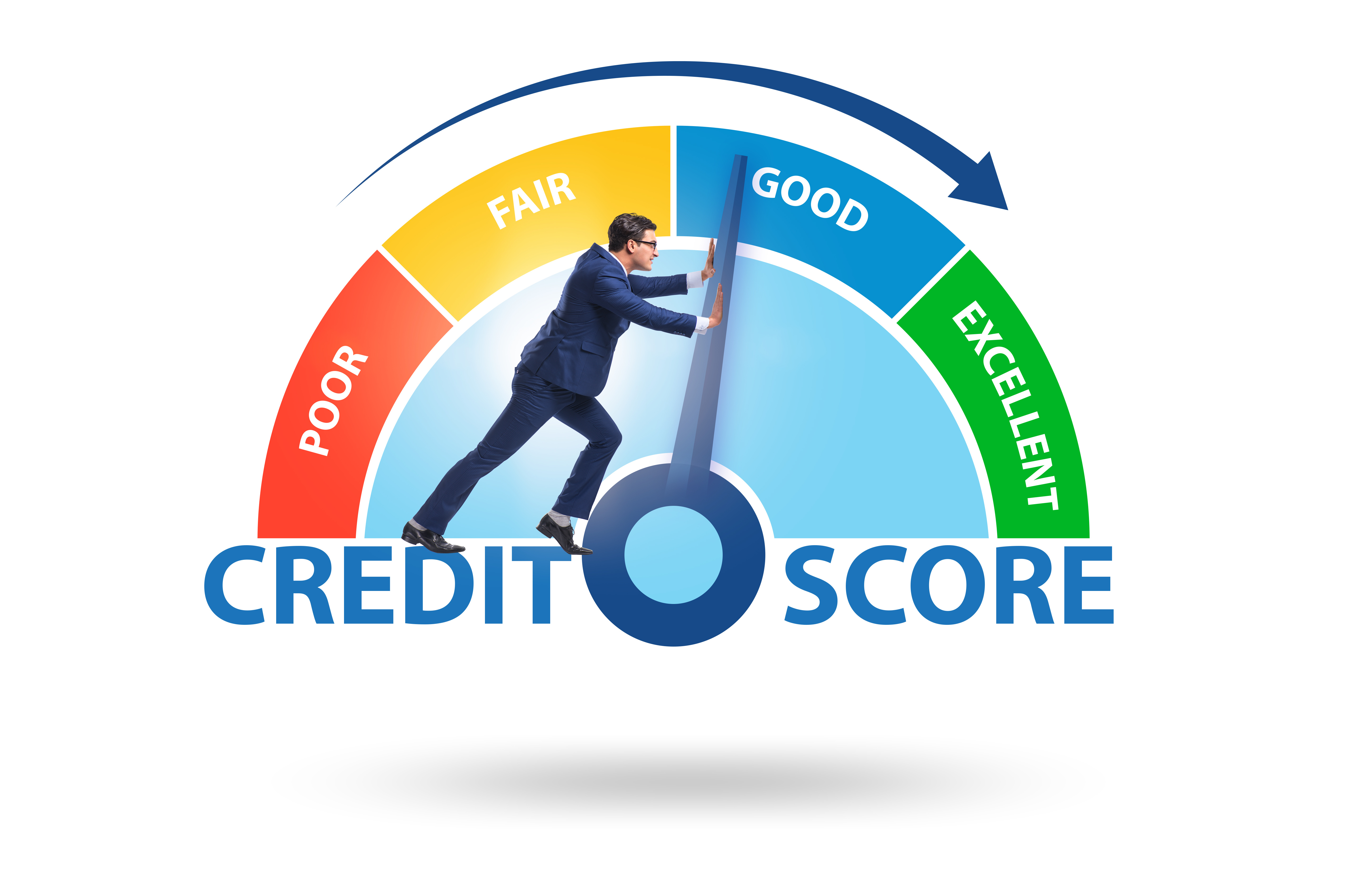 illustration of man pushing needle on credit score rating