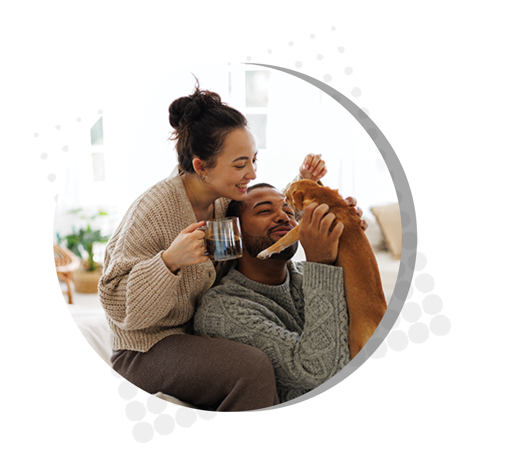 Cheerful young couple playing with chihuahua dog will enjoying coffee