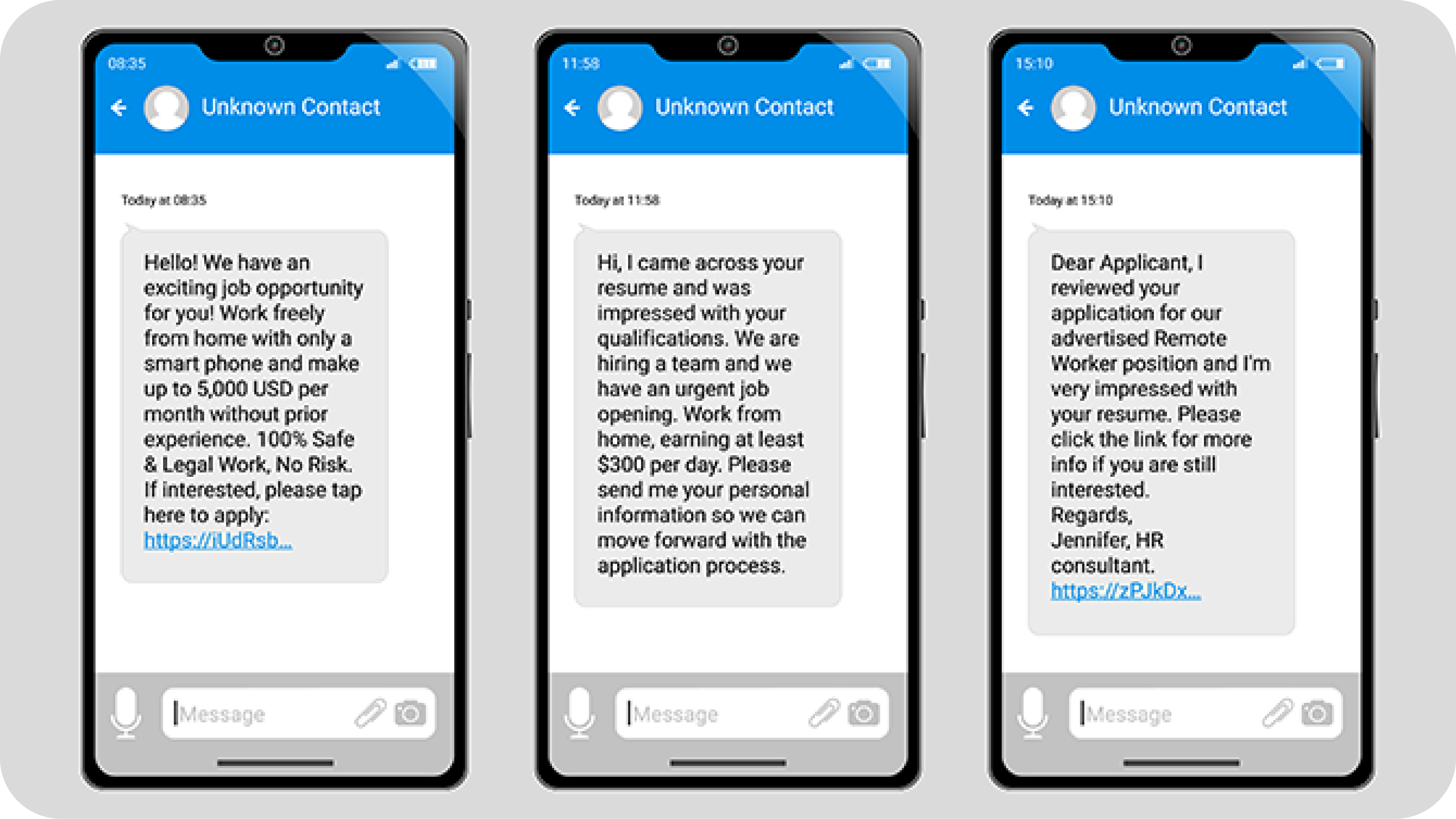 multiple texts showing job scam examples