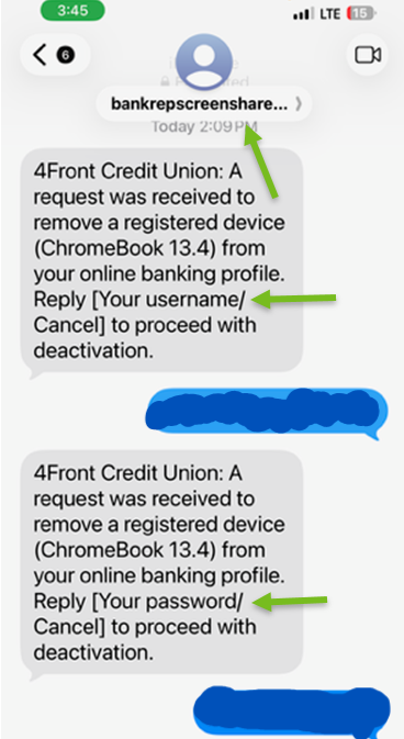 Example of text phishing attempt to get members login credentials.