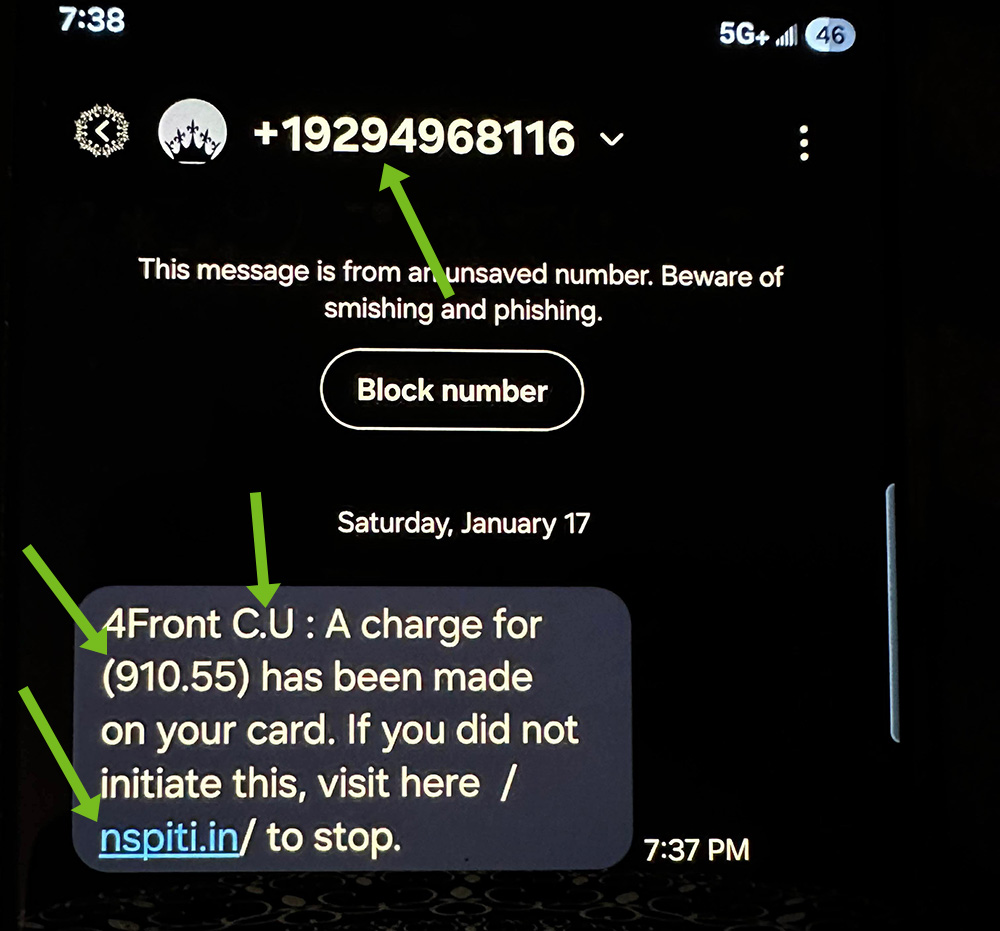 second example of phishing text and arrows pointing at items to look out for.
