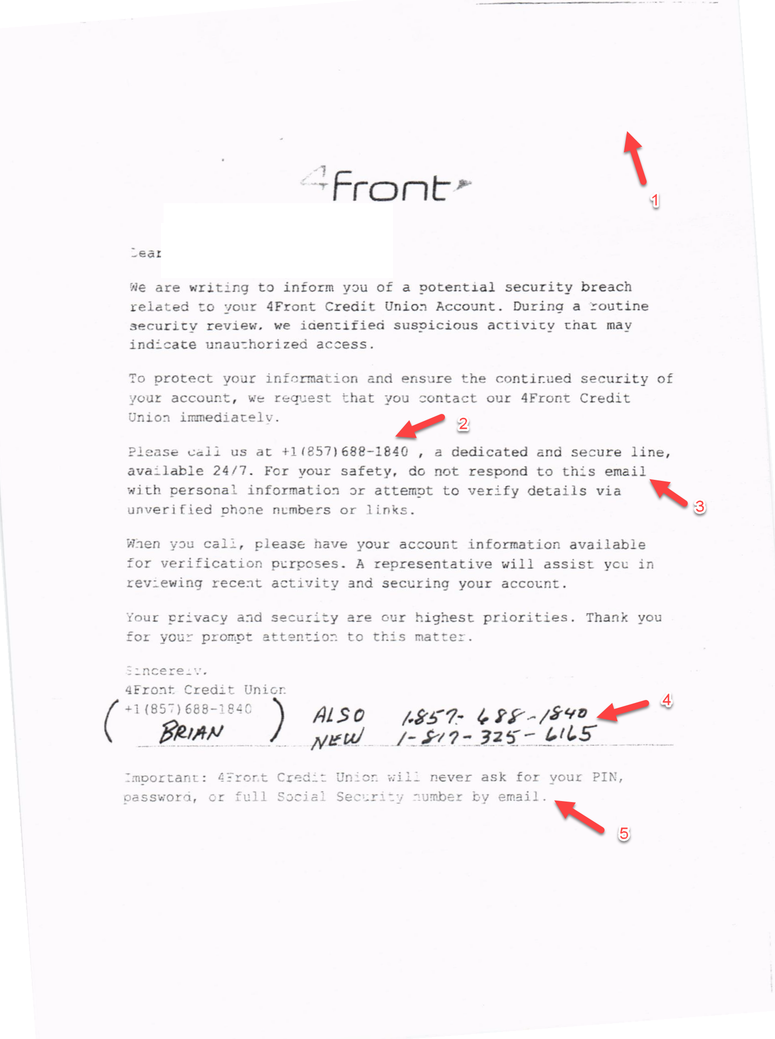 Fraudulent Letter example pointing out red flags to be aware of.