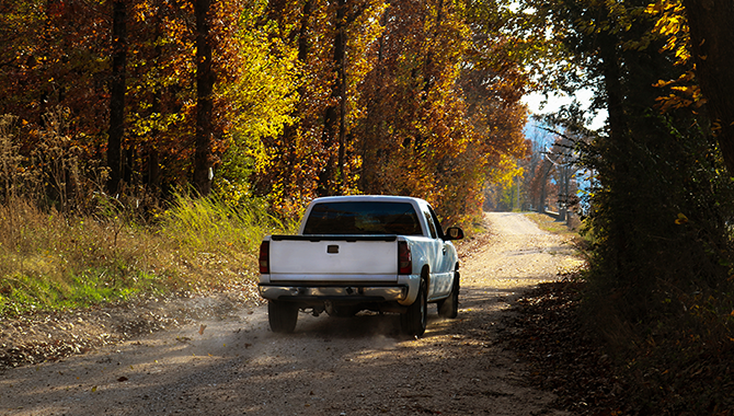 white pickup truck driving through trees on dirt road